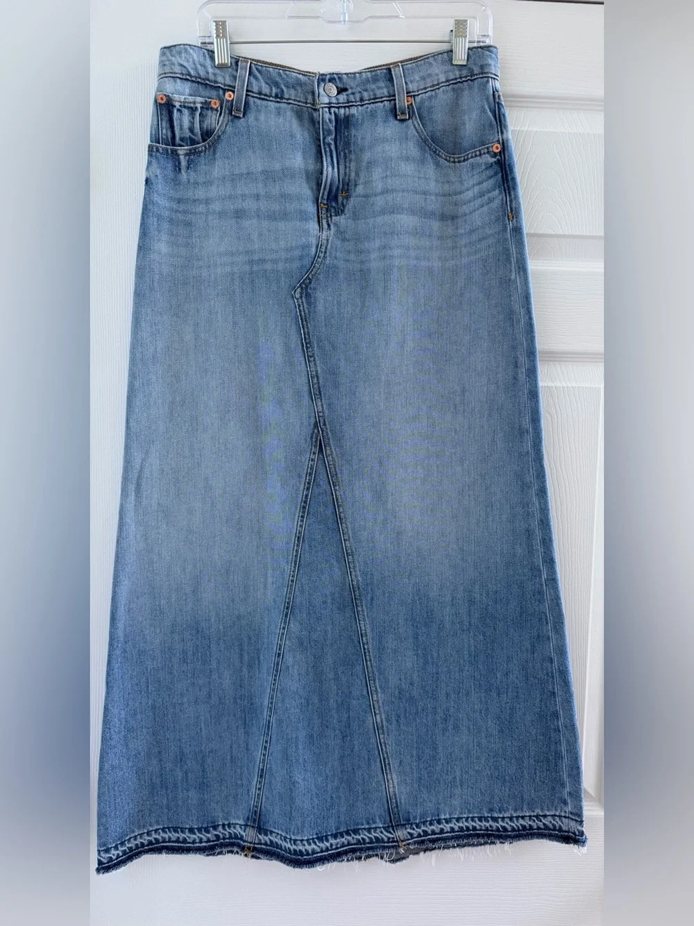 Lucky Brand Distressed Denim Flowy Maxi Skirt Frayed Hem - Size 4 / 27 EUC